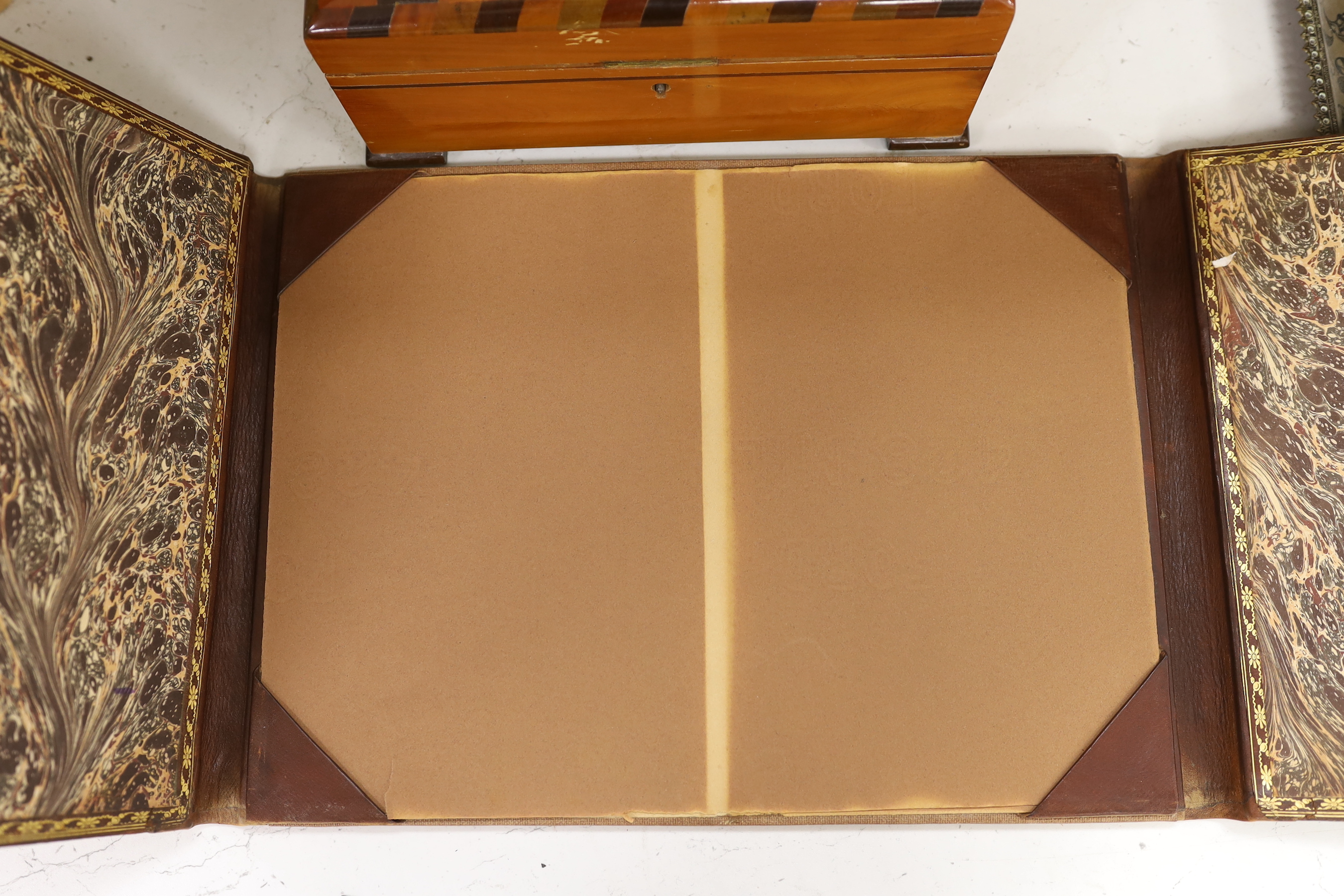A George IV rosewood twin canister tea caddy, a chequer inlaid box and a leather blotter pad (3)